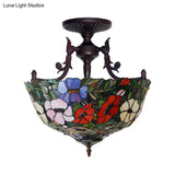 Mediterranean Flower Stained Glass Ceiling Light For Bedroom - 3-Light Semi Flush Mount In