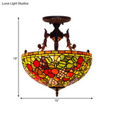 Mediterranean Flower Stained Glass Ceiling Light For Bedroom - 3-Light Semi Flush Mount In