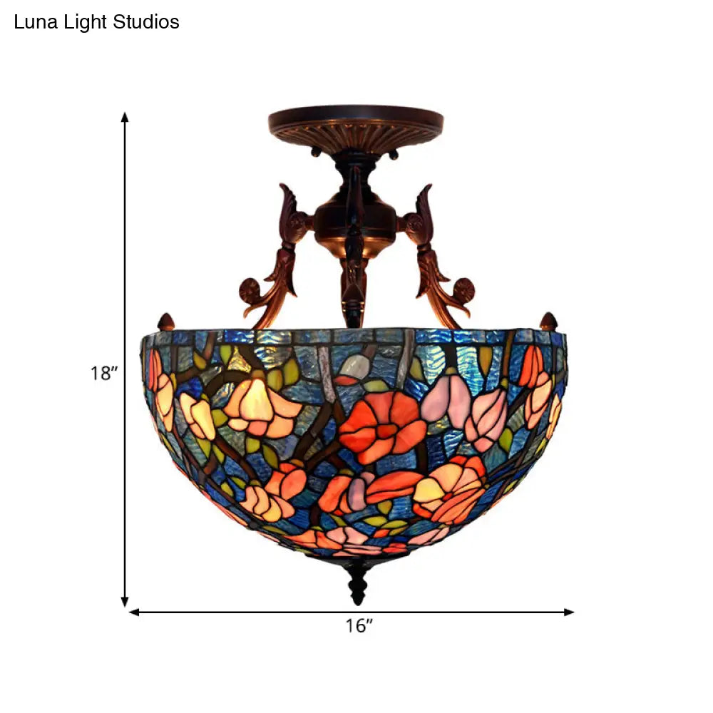 Mediterranean Flower Stained Glass Ceiling Light For Bedroom - 3-Light Semi Flush Mount In