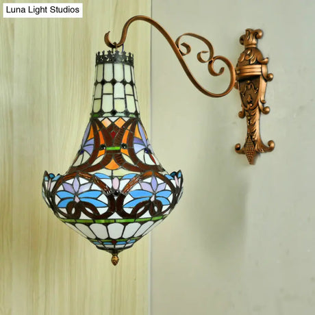 Mediterranean Flower Stained Glass Sconce - 3-Light Wall Fixture In Beige/Yellow/Orange For Living