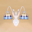 Mediterranean Glass Sconce Light - Grid Pattern Dual Head Design Blue & White Wall-Mounted