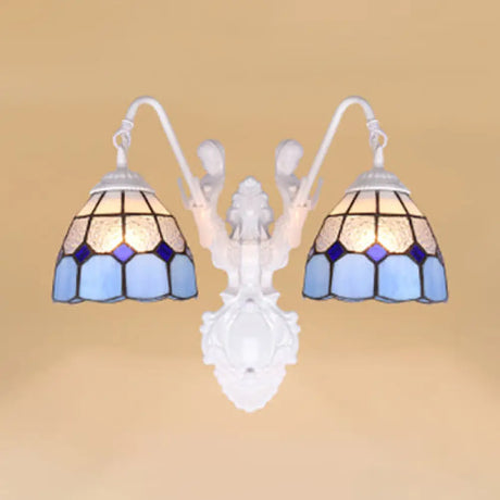 Mediterranean Glass Sconce Light - Grid Pattern Dual Head Design Blue & White Wall-Mounted