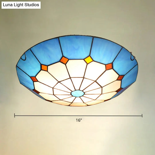 Mediterranean Gridded Glass Blue Flush Mount Ceiling Light / 16’