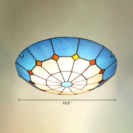 Mediterranean Gridded Glass Blue Flush Mount Ceiling Light / 19.5’