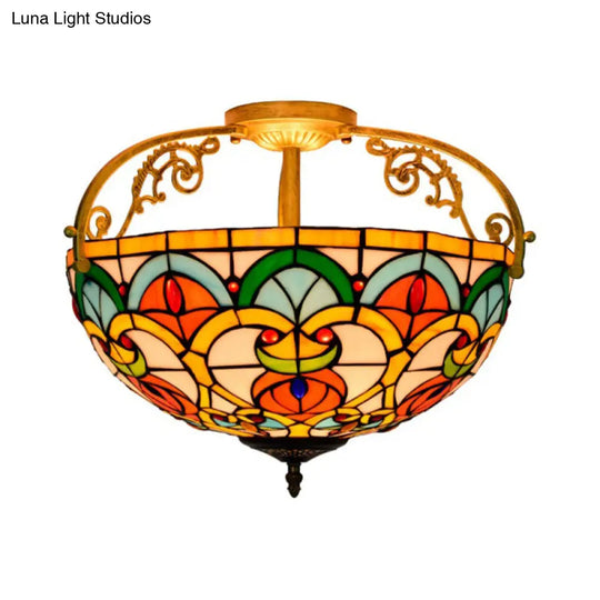 Mediterranean Orange Domed Cut Glass Ceiling Light Fixture With 3 Semi-Flush Lights