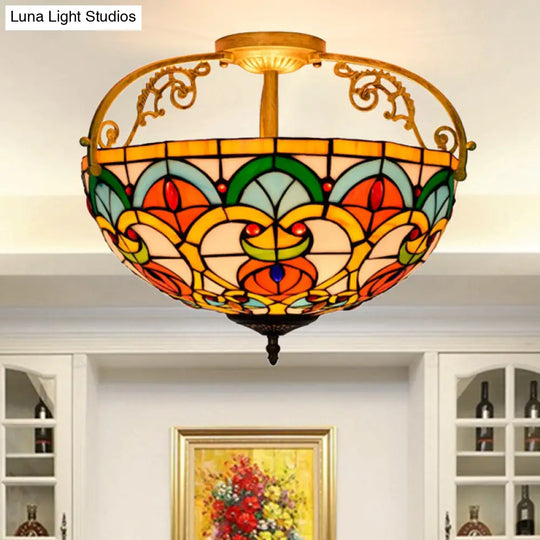 Mediterranean Orange Domed Cut Glass Ceiling Light Fixture With 3 Semi - Flush Lights