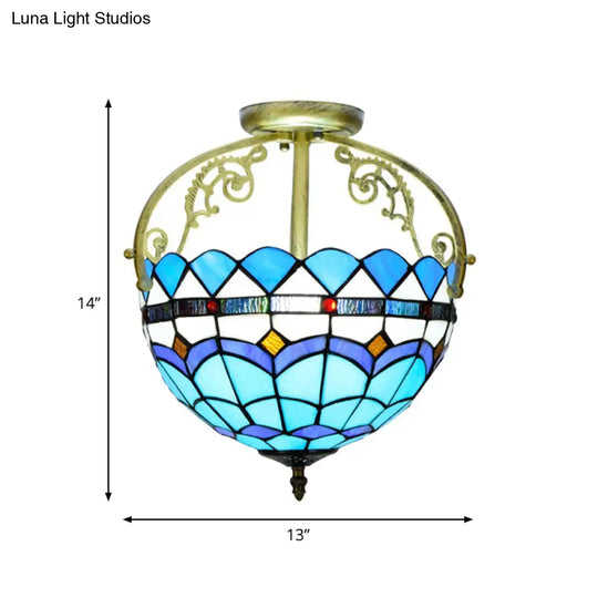 Mediterranean Petal Stained Glass Semi Flush Mount Ceiling Lamp 2 Lights Yellow/Brown/Blue - Ideal