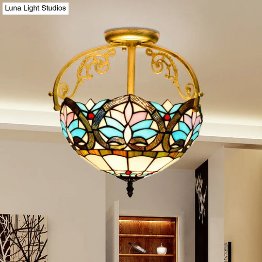 Mediterranean Petal Stained Glass Semi Flush Mount Ceiling Lamp 2 Lights Yellow/Brown/Blue - Ideal