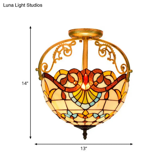 Mediterranean Petal Stained Glass Semi Flush Mount Ceiling Lamp 2 Lights Yellow/Brown/Blue - Ideal