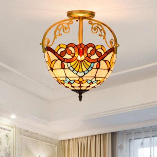 Mediterranean Petal Stained Glass Semi Flush Mount Ceiling Lamp 2 Lights Yellow/Brown/Blue - Ideal