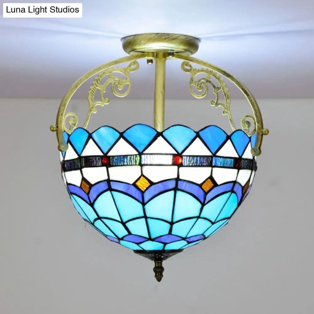 Mediterranean Petal Stained Glass Semi Flush Mount Ceiling Lamp 2 Lights Yellow/Brown/Blue - Ideal