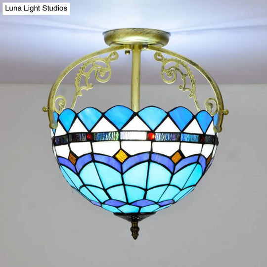 Mediterranean Petal Stained Glass Semi Flush Mount Ceiling Lamp 2 Lights Yellow/Brown/Blue - Ideal