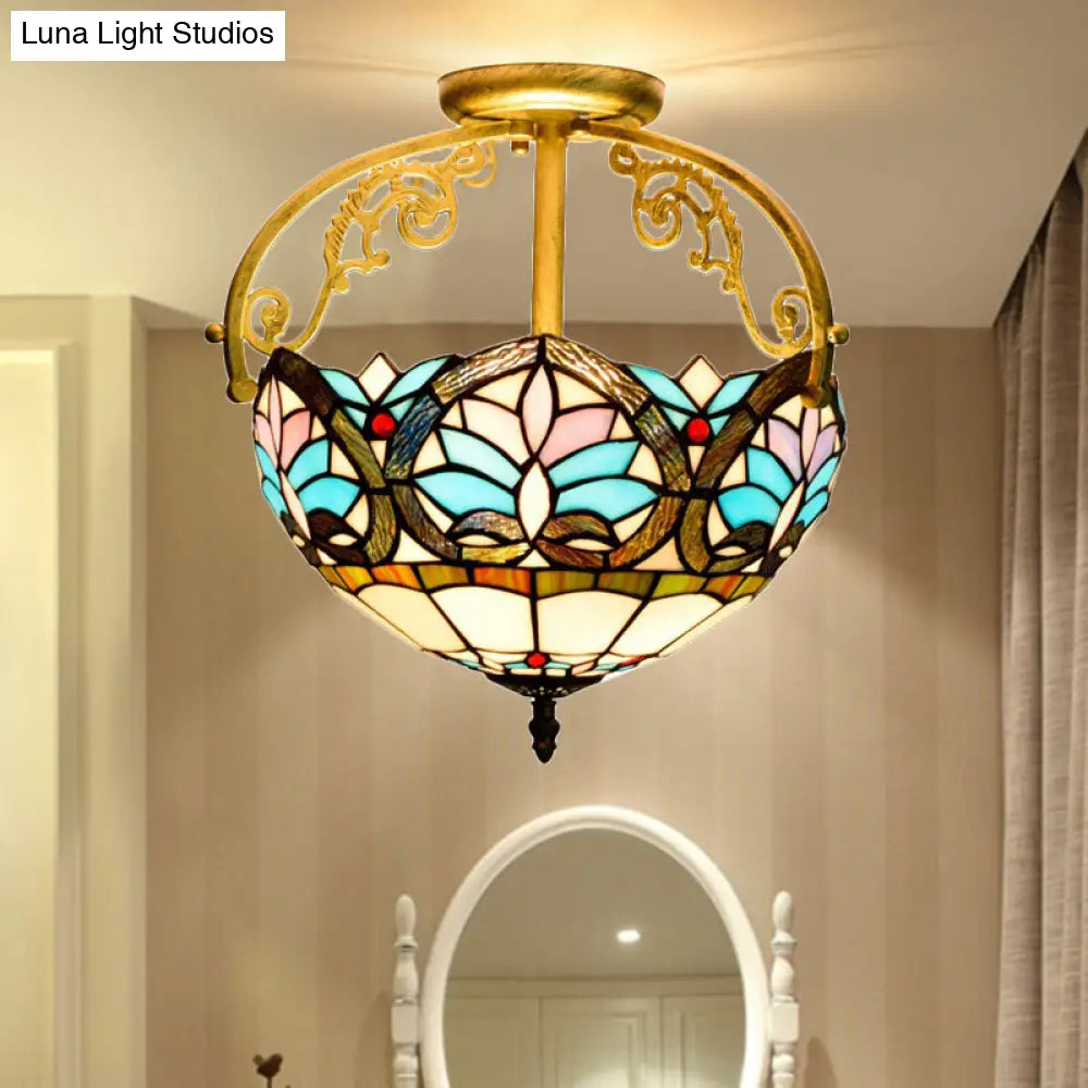 Mediterranean Petal Stained Glass Semi Flush Mount Ceiling Lamp 2 Lights Yellow/Brown/Blue - Ideal