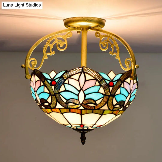 Mediterranean Petal Stained Glass Semi Flush Mount Ceiling Lamp 2 Lights Yellow/Brown/Blue - Ideal