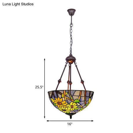 Mediterranean Red/Yellow/Orange Flower Stained Glass Kitchen Chandelier - 2-Light Ceiling Fixture