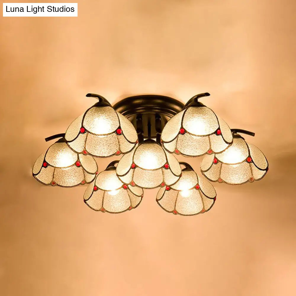 Mediterranean Scalloped Stained Glass Ceiling Fixture With Flush Mount Design - Choose From 3 6 Or 7
