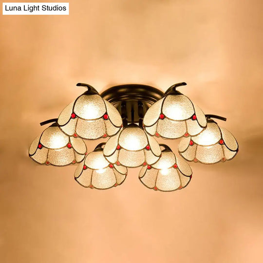 Mediterranean Scalloped Stained Glass Ceiling Fixture With Flush Mount Design - Choose From 3 6 Or 7