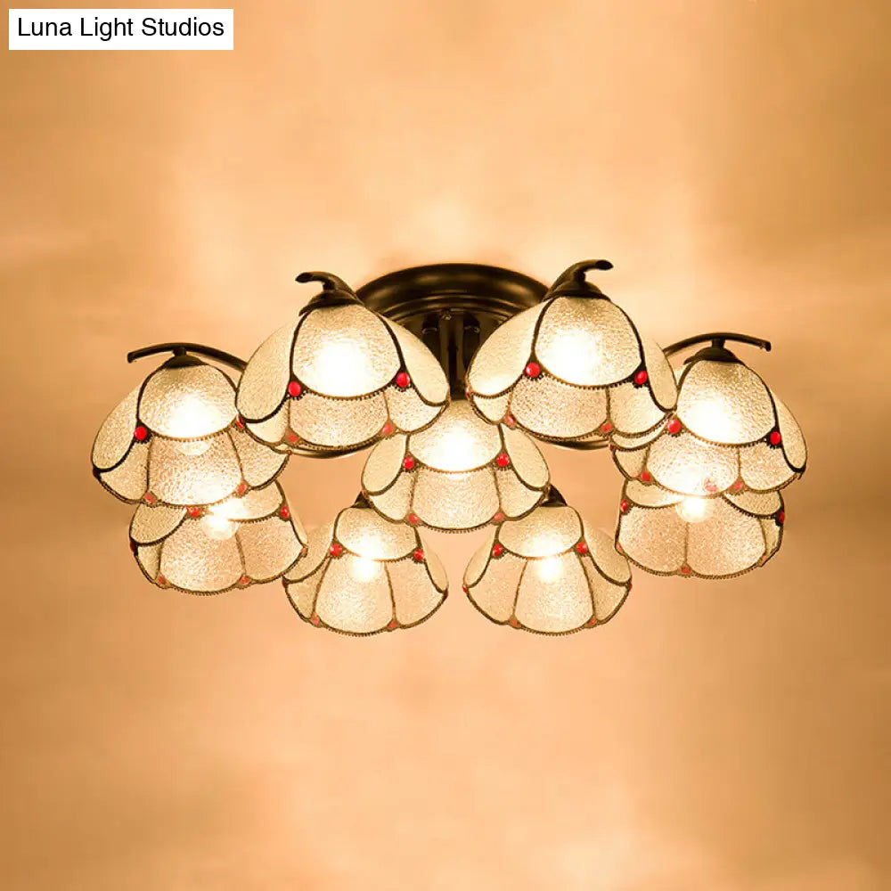 Mediterranean Scalloped Stained Glass Ceiling Fixture With Flush Mount Design - Choose From 3 6 Or 7