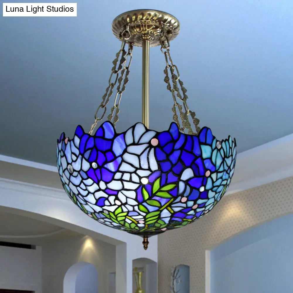 Mediterranean Stained Glass 3-Headed Blue Semi-Flush Dome Ceiling Light