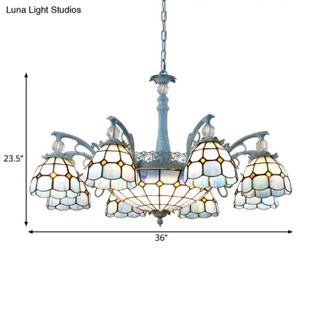Mediterranean Stained Glass Bell Chandelier - Blue Hanging Lamp With 4/6/8 Lights For Dining Room
