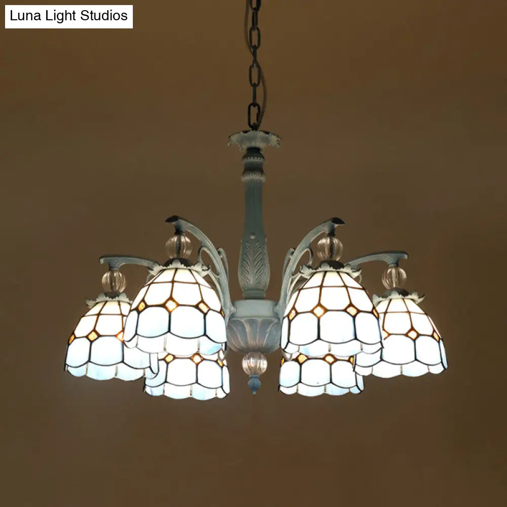 Mediterranean Stained Glass Bell Chandelier - Blue Hanging Lamp With 4/6/8 Lights For Dining Room