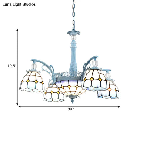 Mediterranean Stained Glass Bell Chandelier - Blue Hanging Lamp With 4/6/8 Lights For Dining Room