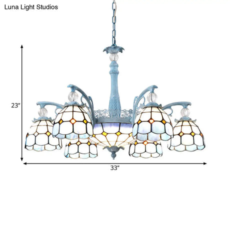 Mediterranean Stained Glass Bell Chandelier - Blue Hanging Lamp With 4/6/8 Lights For Dining Room