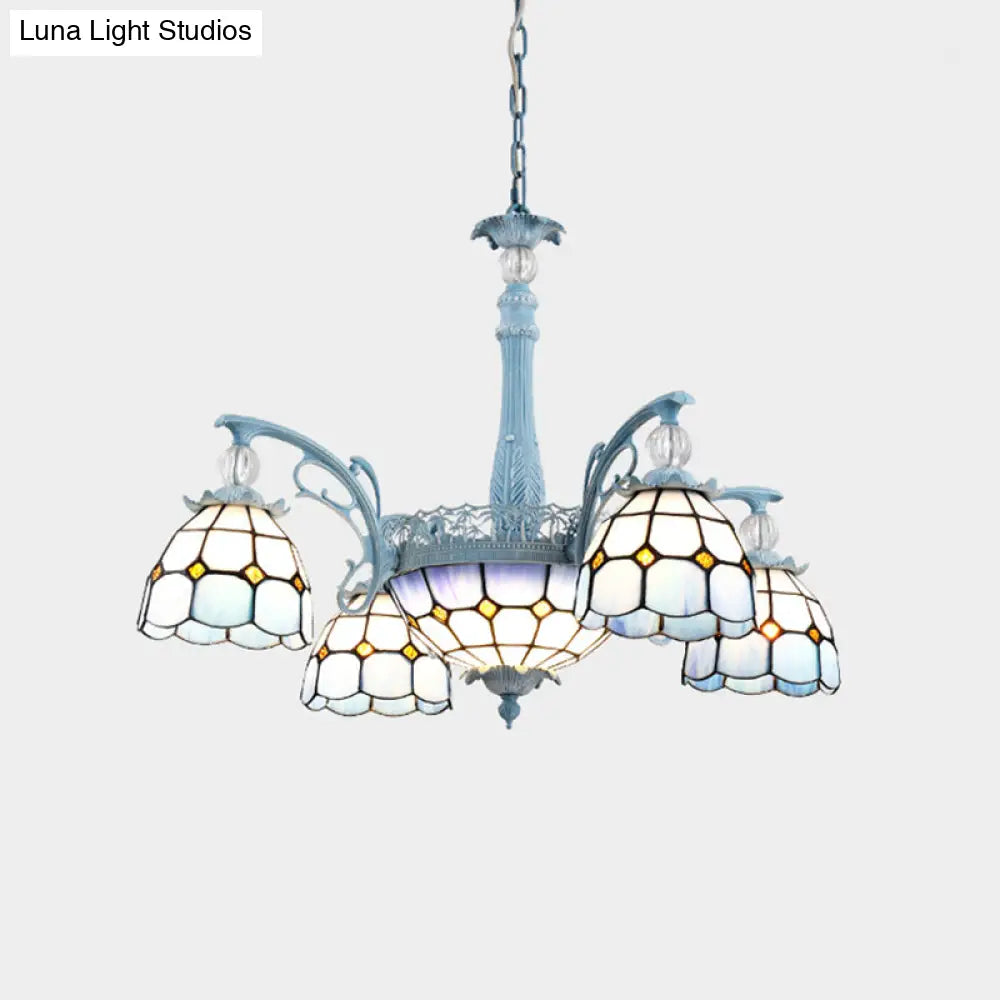 Mediterranean Stained Glass Bell Chandelier - Blue Hanging Lamp With 4/6/8 Lights For Dining Room