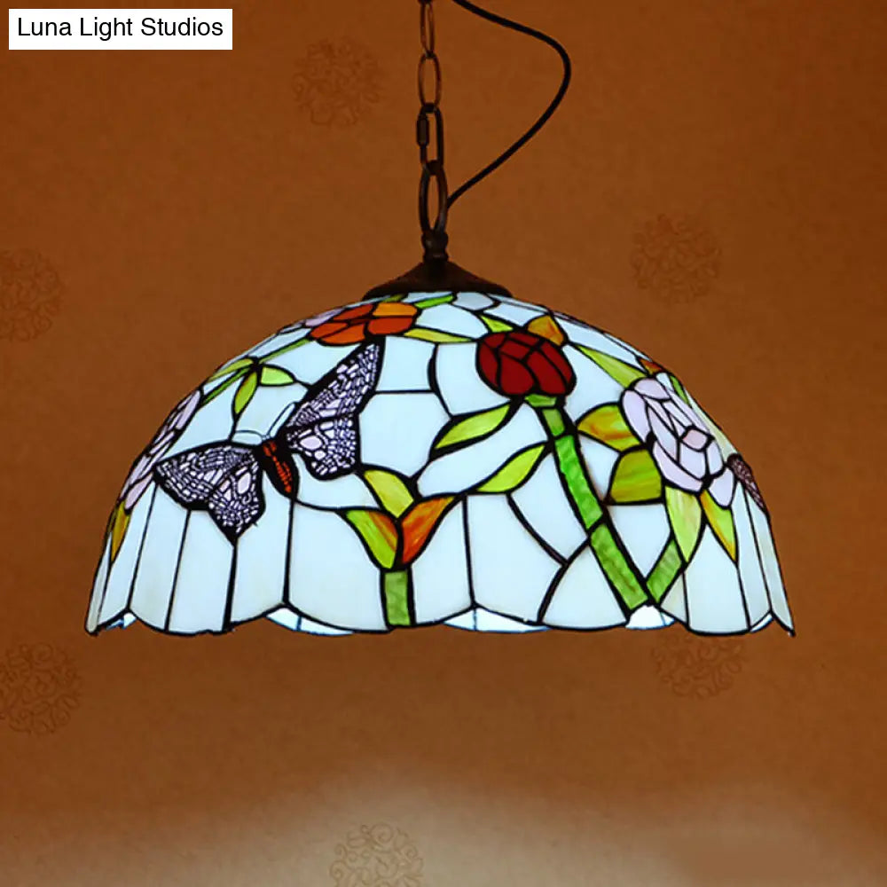 Mediterranean Stained Glass Butterfly Pendant Light Fixture - White/Red White