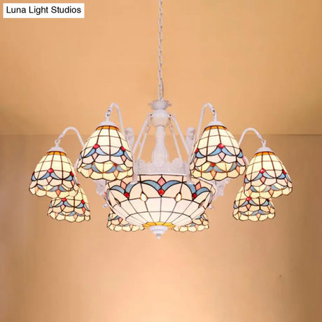 Mediterranean Stained Glass Dome Chandelier With 8/9/11 Lights - White Ceiling Pendant Light