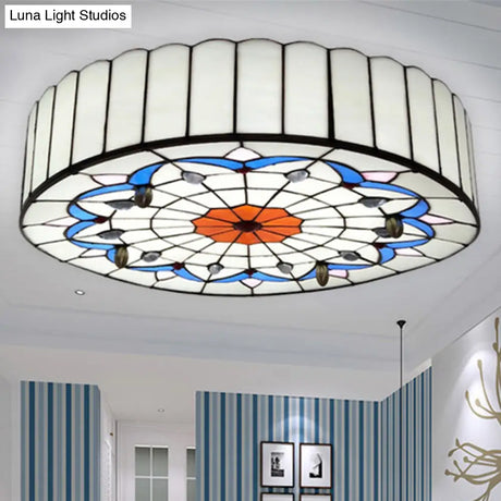 Mediterranean Stained Glass Drum Ceiling Mount Light For Bedroom
