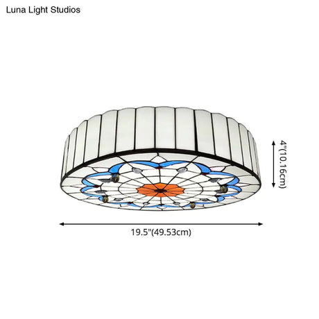 Mediterranean Stained Glass Drum Ceiling Mount Light For Bedroom