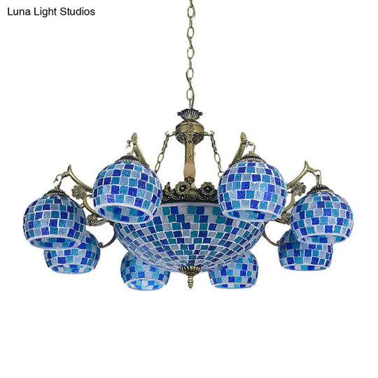 Mediterranean Stained Glass Globe Chandelier With 5/9/11 Blue Pendant Lights - Elegant Hanging Lamp