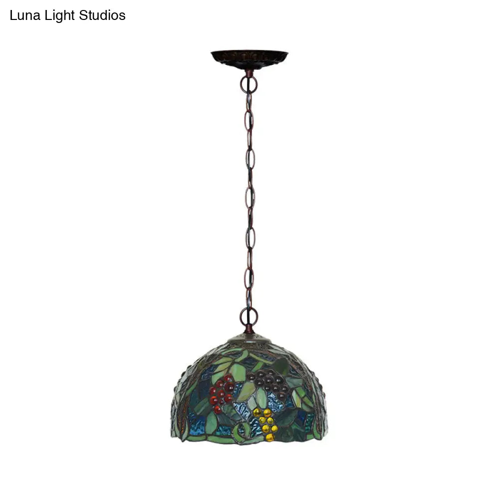 8/12 Dome Green Stained Glass Hanging Light - Mediterranean Style Bronze Accent Pendant