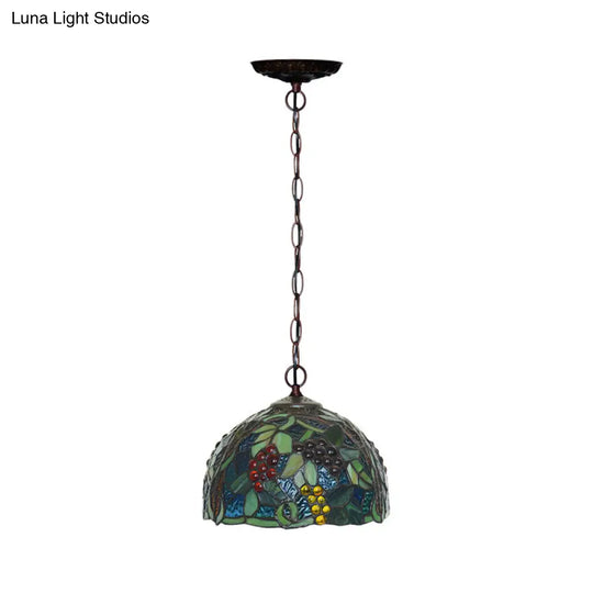 8/12 Dome Green Stained Glass Hanging Light - Mediterranean Style Bronze Accent Pendant