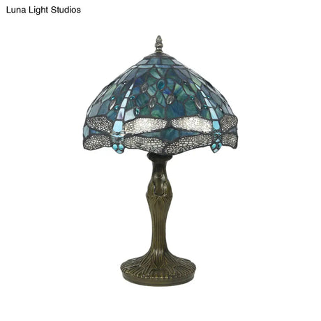 Mediterranean Stained Glass Night Lamp With Dragonfly Pattern - 1-Light Brass Nightstand Light