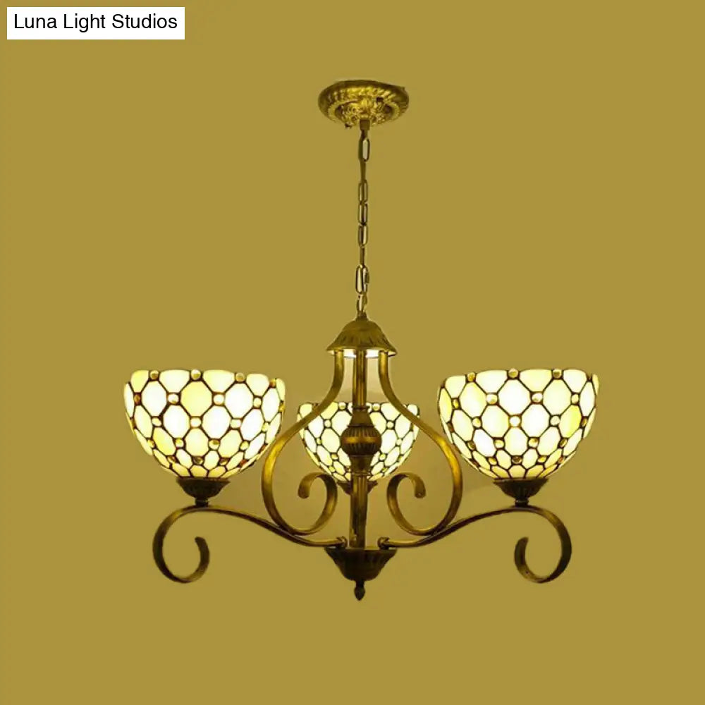 Mediterranean Stained Glass Pendant Chandelier With Jeweled Beige Finish - Available In 3 Sizes And