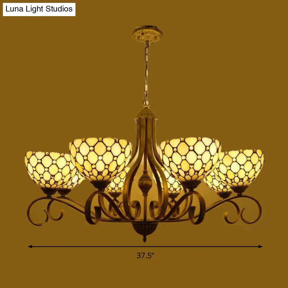 Mediterranean Stained Glass Pendant Chandelier With Jeweled Beige Finish - Available In 3 Sizes And