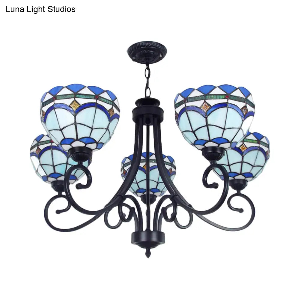 5-Light Stained Glass Mediterranean Bowl Pendant In Blue