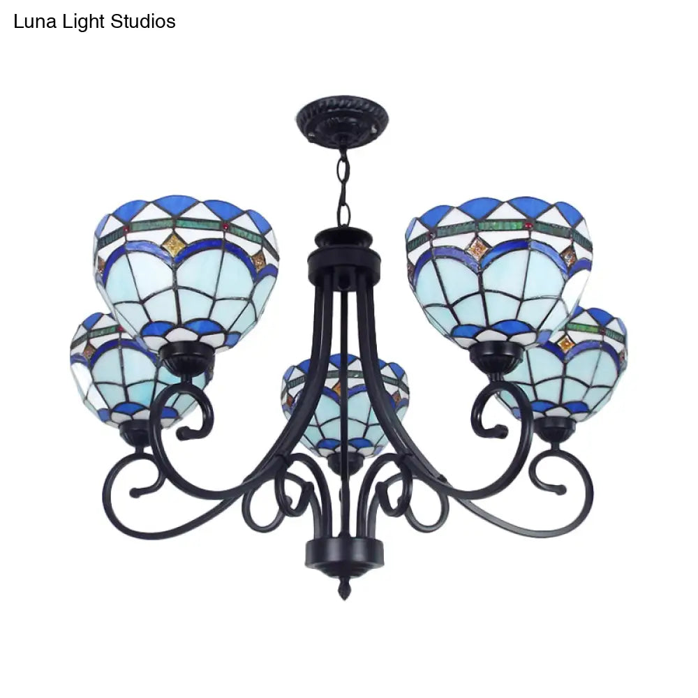 Mediterranean Stained Glass Pendant Light - 5 Blue Lights Hanging Ceiling Fixture