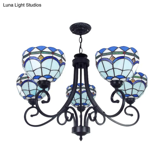 Mediterranean Stained Glass Pendant Light - 5 Blue Lights Hanging Ceiling Fixture