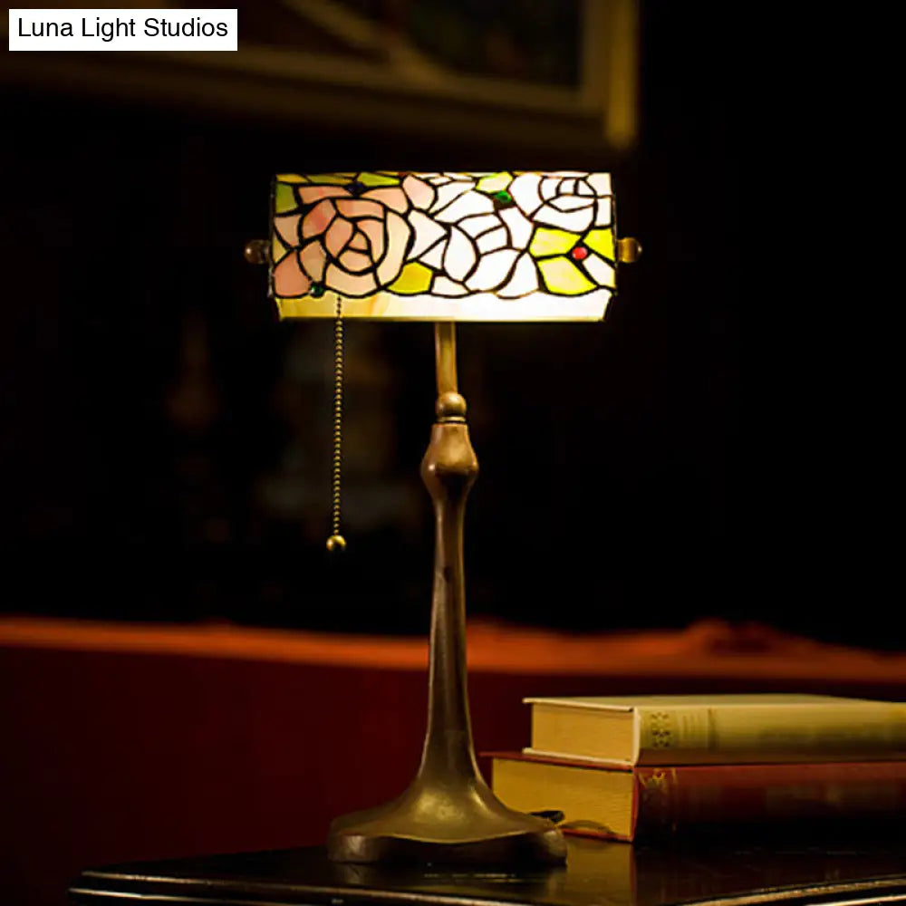 Mediterranean Stained Glass Rose Pattern Piano Lamp With Pink Pull Chain - Elegant 1-Head Desk