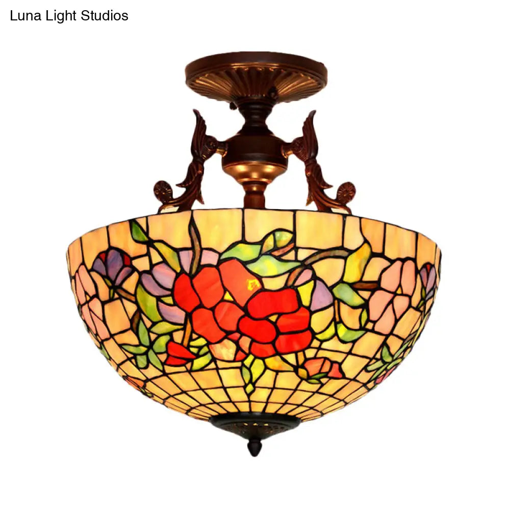 Mediterranean Stained Glass Semi Flush Mount Light - 3 Red/Blue Lights For Living Room Ceiling