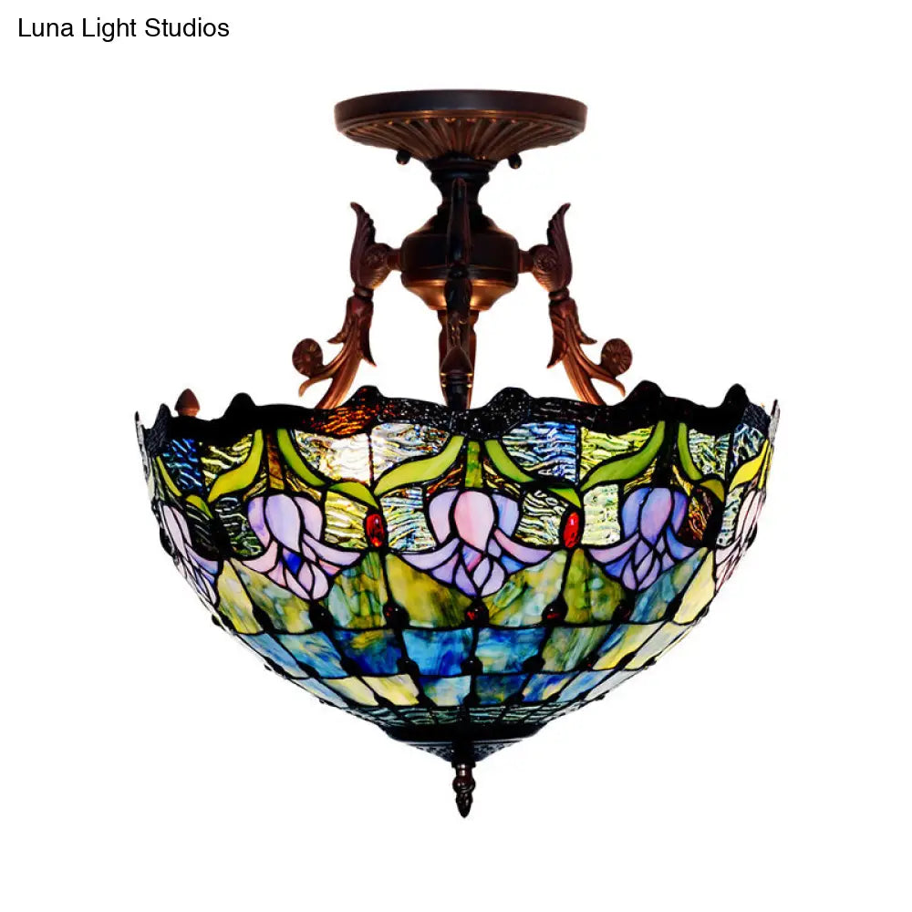 Mediterranean Stained Glass Semi Flush Mount Light - 3 Red/Blue Lights For Living Room Ceiling