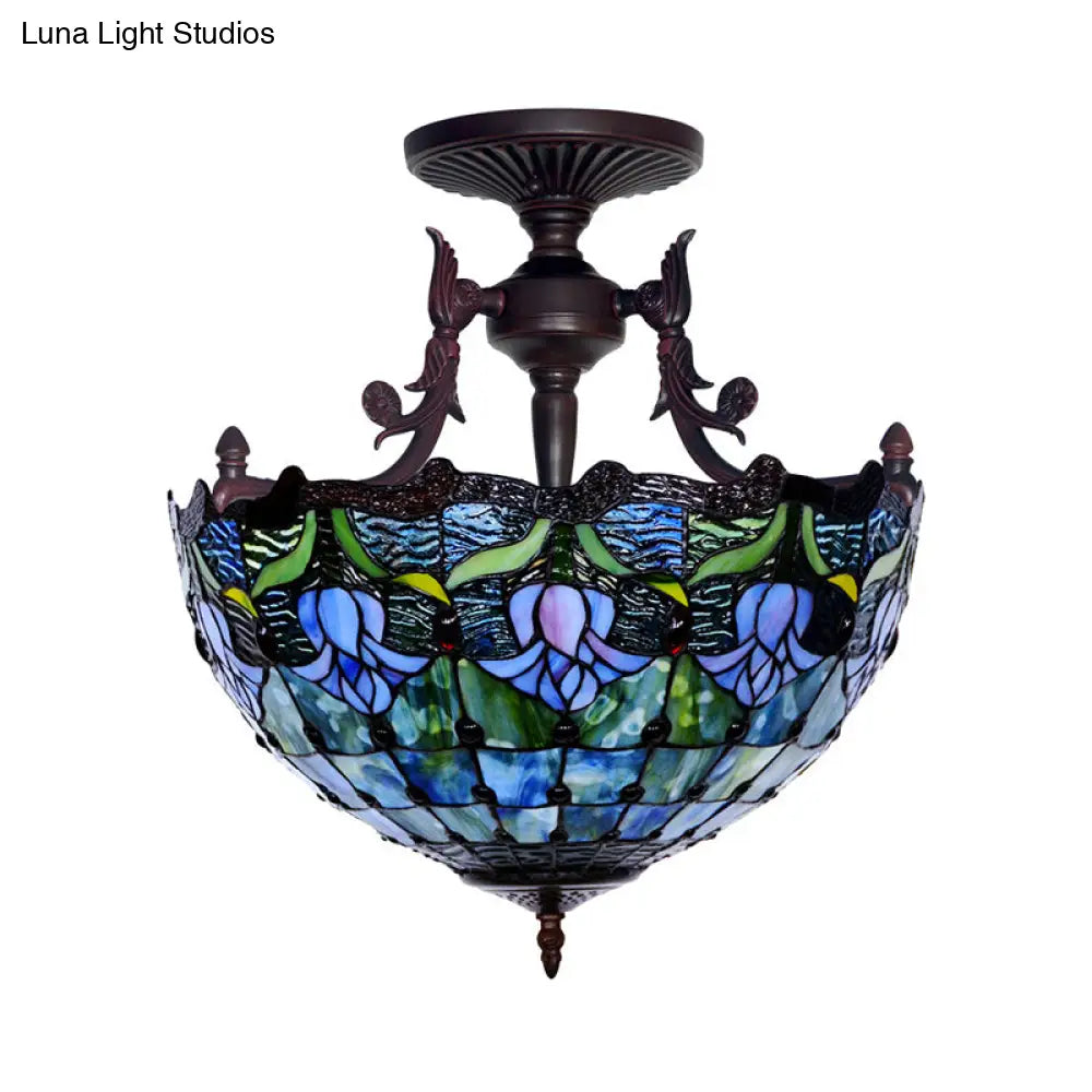 Mediterranean Stained Glass Semi Flush Mount Light - 3 Red/Blue Lights For Living Room Ceiling