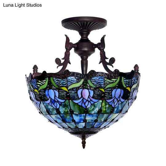 Mediterranean Stained Glass Semi Flush Mount Light - 3 Red/Blue Lights For Living Room Ceiling
