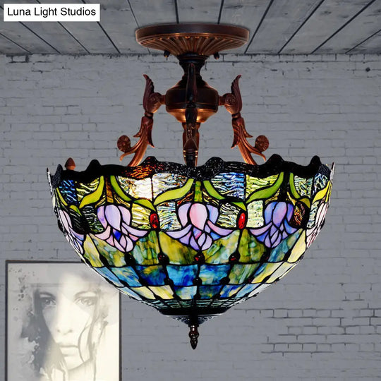 Mediterranean Stained Glass Semi Flush Mount Light - 3 Red/Blue Lights For Living Room Ceiling