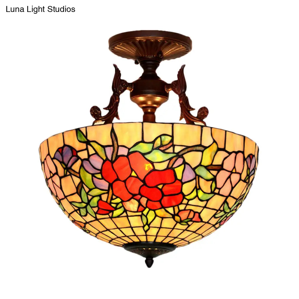 Mediterranean Stained Glass Semi Flush Mount Light - 3 Red/Blue Lights For Living Room Ceiling