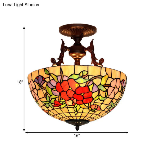 Mediterranean Stained Glass Semi Flush Mount Light - 3 Red/Blue Lights For Living Room Ceiling