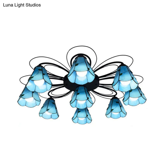 Mediterranean Stained Glass Semi-Flush Mount Light Fixture With Yellow/Blue Cone Design (3/7/9